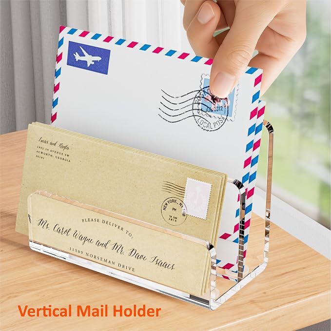 FUCDTEFC Desk Mail Organizer, 2 Section Clear Acrylic File Holder Letter Organizer, Vertical Lightweight Modern Envelope Holder Desk Accessories & Workspace Organizers for Office, Home, School | Vertical, Envelope, Lightweight, Countertop, Bill Holding...