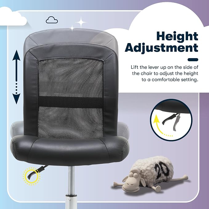 Serta Armless Small Home Desk Chair with Wheels, Ergonomic Mesh Back Chair | Leather & Foam Cushion Seat, Adjustable Height, Small Vanity Chair for Bedroom & Small Spaces, Home Office Desk Chair, Black