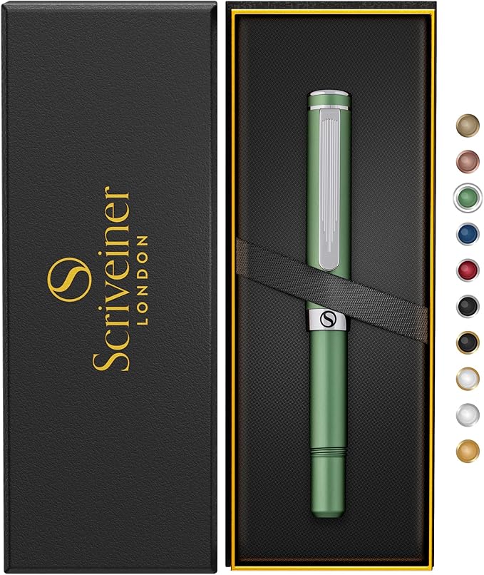 Scriveiner Green Rollerball EDC Luxury Pen, Chrome Finish, 4 Black Medium Refills
