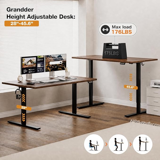 Grandder 55x32 Large Electric Standing Desk, Height Adjustable Computer Desk with 2 Memory Presets, 31.5" Deep Desktop Sit Stand Desk Home Office Desk Workstation Table with Hooks, Walnut