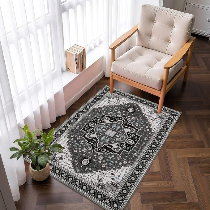 Macgace 2x3 Black Grey Small Area Rug for Entryway, Soft Washable Rugs with Non-Slip Backing for Bedroom Kitchen, Vintage Throw Carpet Laundry Entry Front Door Decor
