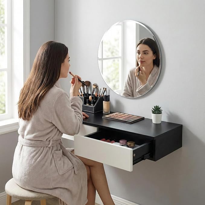 Wall Mounted Floating Vanity Desk with 2 Storage Drawers Modern MDF Makeup Table – 39.4 x 15.7 x 5.9 in (100 x 40 x 15 cm), Space-Saving Dressing Table for Bedroom or Small Spaces (Black)
