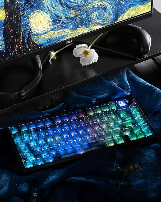 Blue Transparent Keycaps 115 Keys Starry Sky Shine-Through, Cherry Profile PC Keycap Set for MX Switch Mechanical Keyboard, Fits 60% 65% 75% 80% 100% Layouts