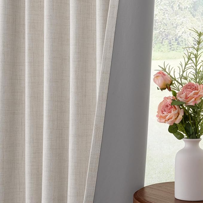 INOVADAY 100% Blackout Curtains for Bedroom, Black Out Curtains 108 Inch Long, Clip Rings Linen Blackout Drapes, Thermal Insulated Room Darkening for Living Room, 2 Panels - Beige,W50xL108