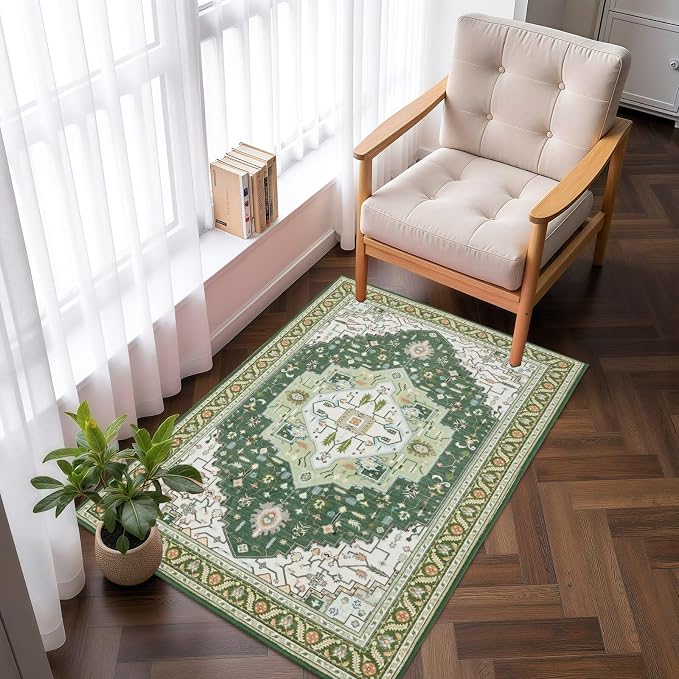 Macgace 2x3 Green White Small Area Rug for Entryway, Soft Washable Rugs with Non-Slip Backing for Bedroom Kitchen, Vintage Throw Carpet Laundry Entry Front Door Decor