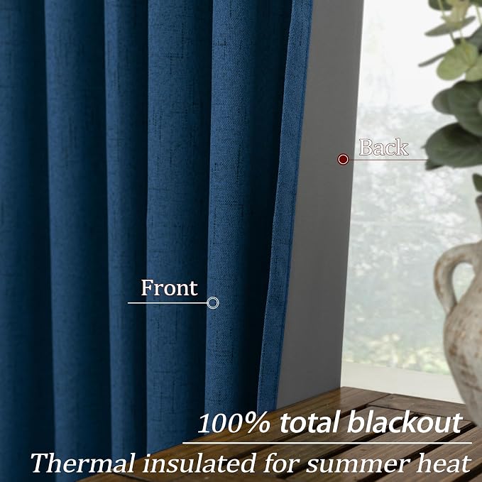 KOUFALL Navy Blue Linen Blackout Curtains 84 Inch Length, Dark Blue Thermal Insulated Summer Moody Curtains for Living Room Boys Bedroom Men, Wide 52x84 Inches Long, 2 Panels Set, Midnight Indigo