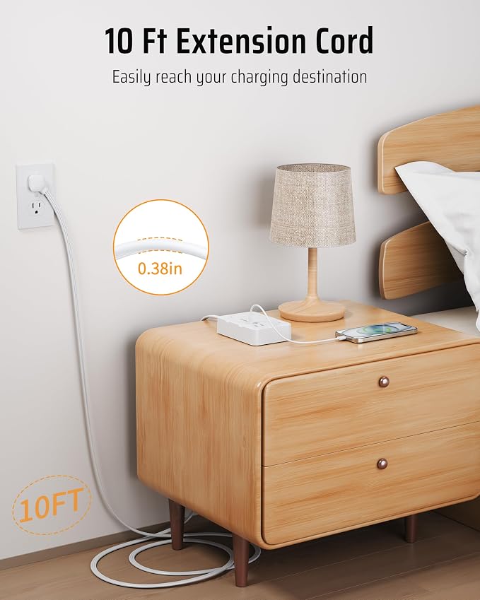 DEPOW Surge Protector Power Strip with Flat Plug, 10 FT Extension Cord with 6 AC Outlets 4 USB Ports(2 USB-C),1050J Surge Protection, Wall Mountable Charging Station for Office, Home, White
