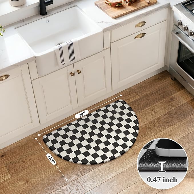 KIMODE Anti Fatigue Kitchen Mats for Floor,18"x 28" Farmhouse Kitchen Decor | Paded Kitchen Floor Mat, Memory Foam Standing Desk Mat, Half Round Bathroom Rug for Sink, Black Plaid Laundry Room Rug Dorm
