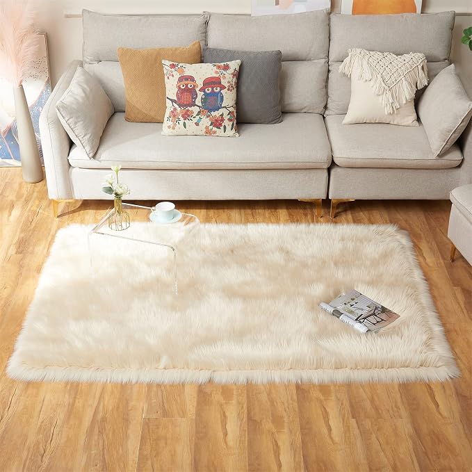 EasyJoy Ultra Soft Fluffy Shaggy Area Rug Faux Fur Rug Chair Cover Seat Pad Fuzzy Area Rug for Bedroom Floor Sofa Living Room (4 x 6 ft Rectangle, Beige)