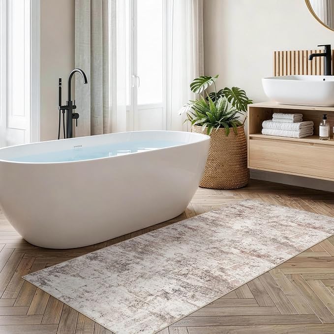 2x6 Runner Rug Abstract Washable: Non-Slip Hallway Runner Rug Vintage Low-Pile Kitchen Carpet Runner for Bedroom Entryway - Soft Accent Floor Mat for Modern Farmhouse Home Decor(2x6 Beige-Brick)