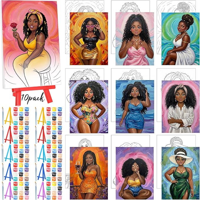 Blosssound 10 Set Pre Printed Canvas Pre Drawn Canvas Painting with Easel Kits 5" x 7" Outline Painting Panels for Beginners, DIY Craft Project, Party Favor, Home Decors(Curvy Goddesses)