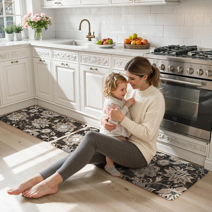 LEEVAN Anti Fatigue Kitchen Mats for Floor, Cushioned Kitchen Mat Set 2PCS | 20"x31"+20"x47", Boho Floral Black Kitchen Rugs Non-Slip Comfort, Waterproof Ergonomic Standing Mat for Laundry, Office, Sink