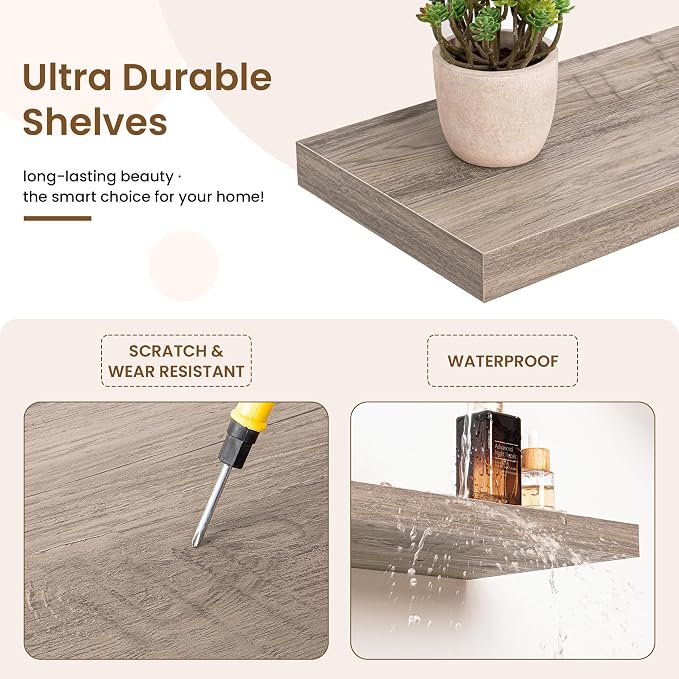 36in Floating Shelves for Wall, 36"W x 9.25"D x 1.25"H, 2 Pack Long Wall Mounted Engineered Wood Shelves with Invisible Brackets for Living Room, Bedroom, Bathroom, Kitchen Decor and Storage, Grey
