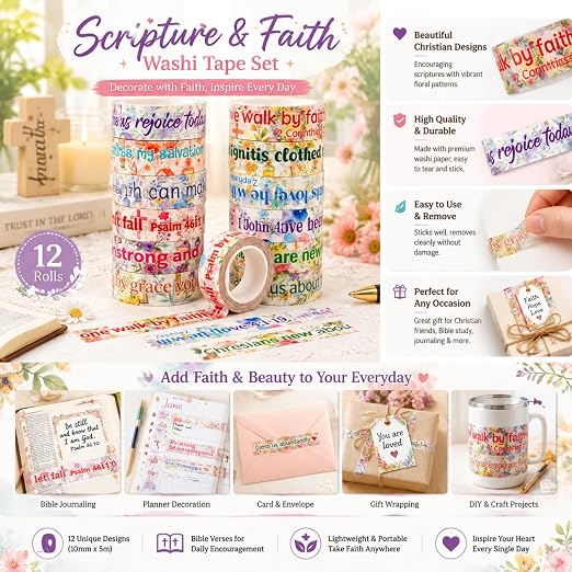 24 Rolls Christian Back to School Washi Tape Gifts Bulk Graduation Vbs Religious Scripture Inspirational Bible Verse Washi Tape for Bible Journaling Crafting Students Study Stationery