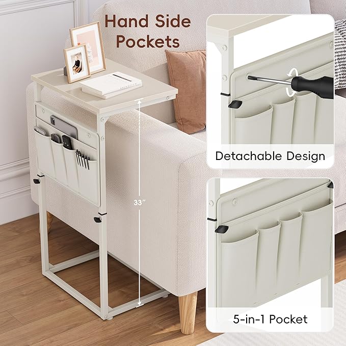 Vagusicc C Shaped End Table, 32'' Tall Side Table for Couch, Adjustable Height Small Couch Side Table for Small Spaces, End Table Slide Under Sofa Table TV Tray Table Arm Table for Living Room