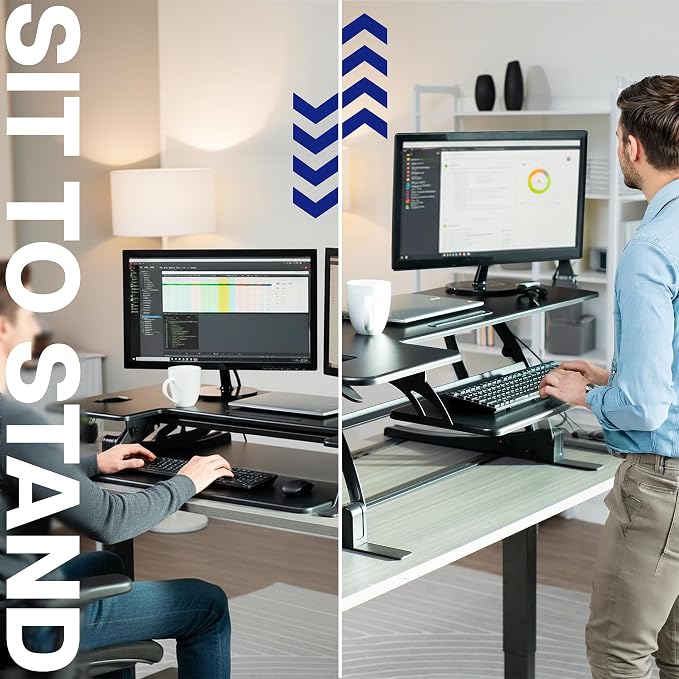 VIVO 54 inch Manual Height Adjustable Large Standing Desk Converter, Quick Sit-Stand Desk Riser, Tabletop Pneumatic Assist Height Adjust 6.5 to 17 inch, Black, DESK-V054V