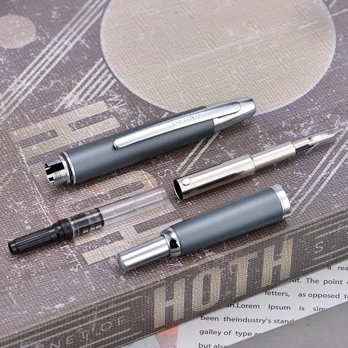 Jinhao 10 Press Fountain Pen with Box, Metal Gray Retractable Fine Nib with Ink Converter Set (Silver Clip)