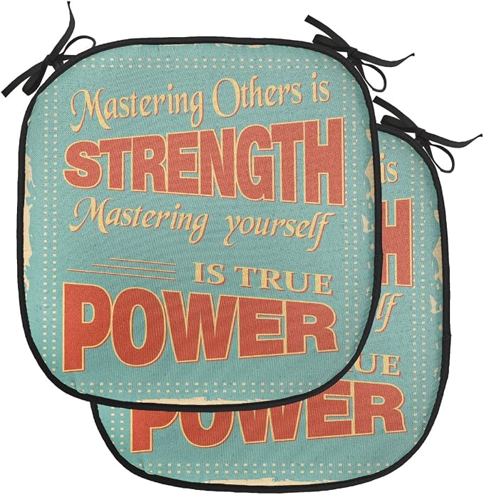 Lunarable Saying Chair Cushion Pads Set of 2, Notes Mastering Yourself is True Power by Lao Tzu, Anti-Slip Seat Padding for Kitchen & Patio, 16"x16", Pale Brown Pale Blue