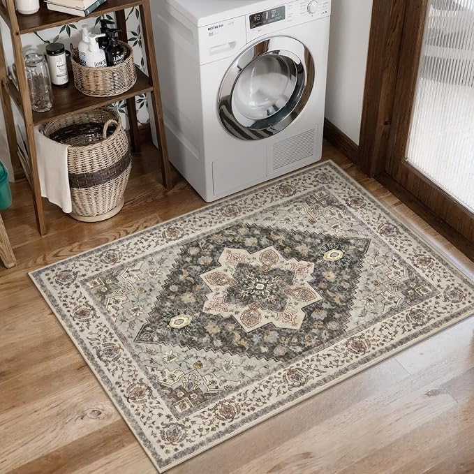 Tangsoo 2x3 Washable Rugs for Entryway, Vintage Non Slip Small Area Rug, Farmhouse Indoor Front Door Rug, Door Mat Small Carpet, Soft Low Pile Entry Rug for Entrance Kitchen Bedroom Grey/Multi