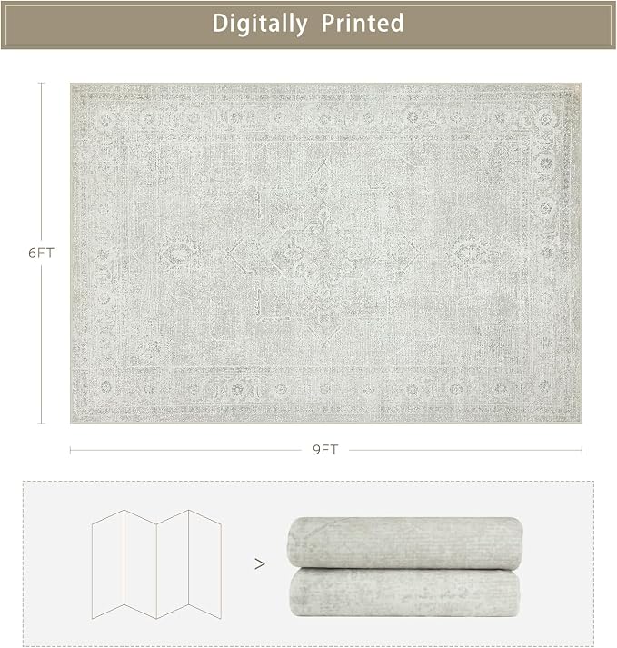 Srugn Washable Rugs 6x9 Area Rugs for Living Room,Bedroom,Large Carpets,Ultra Soft Faux Wool Retro Dining Room Rug,Non Slip&Non-Shedding Low Pile Vintage Rugs for Home Office,Concrete Grey