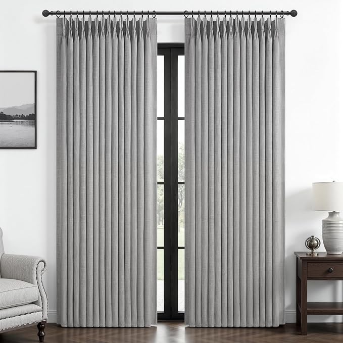 Memory Shape Pinch Pleated Blackout 86 Inch Room Divider Curtains 2 Panels Set, Light Grey Thick Natural Linen Two Layer Insulated Curtain Sound Dampening Privacy Neutral Windows Drapes with Back Tab