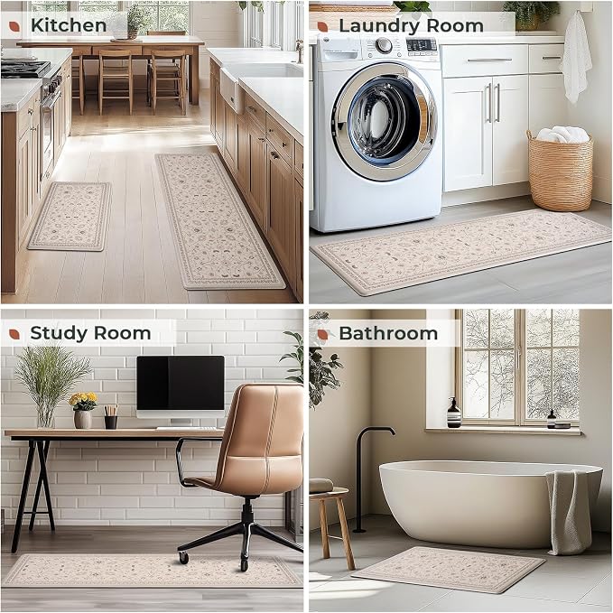 FRESHMINT Vintage Floral Kitchen Mat 2 Pack, 17x30''+17x47'', Natural Beige | Anti-Fatigue, Non Slip, Comfort, Kitchen Decor, Easy to Clean, Waterproof, Perfect for Kitchen, Laundry, Office