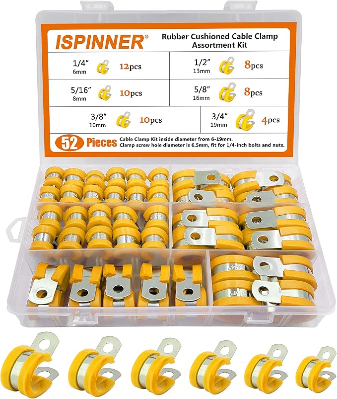 ISPINNER 52pcs Cable Clamps Assortment Kit, 304 Stainless Steel Rubber Cushion Pipe Clamps in 6 Sizes 1/4" 5/16" 3/8" 1/2" 5/8" 3/4" (Yellow)