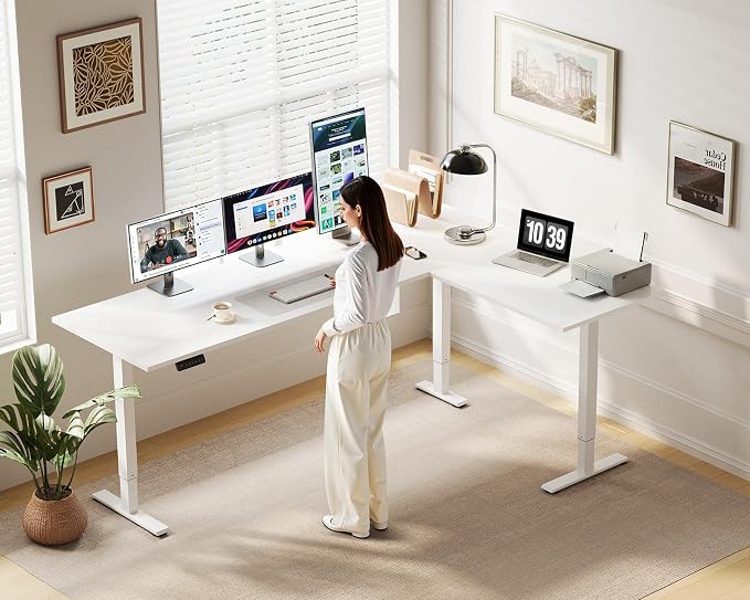 OffiGo 71 Inch Reversible L Shaped Electric Standing Desk, Height Adjustable Corner Stand up Desk, Ergonomic Large Lift Computer Table for Home, Office, Workstation, White