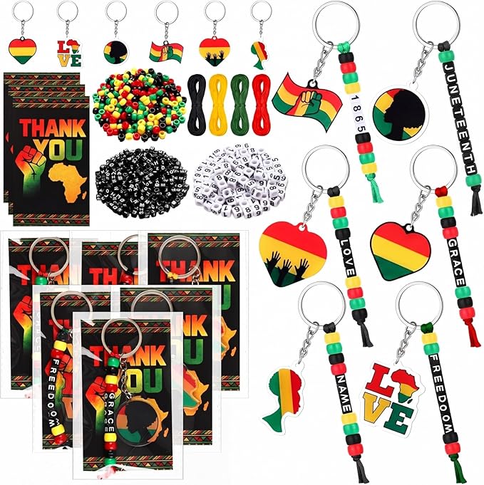 Suncalla 996 Pcs 24 Set Juneteenth Keychain Making Kit DIY 1865 Bead Key Chain Crafts Juneteenth Party Favor Freedom Independence Day Gift Adjustable Letter Card Strings Accessories(Red Yellow Green)