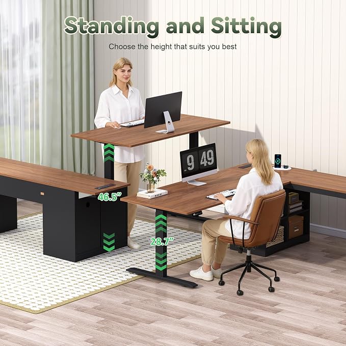 YOMILUVE Farmhouse L Shaped Standing Desk, 66 inch Corner Electric Standing Desk with Drawers ＆ Storage Shelves, Height Adjustable Computer Desk with Power Outlets for Home Office (Black and Brown) | Corner Electric Standing Desk with Drawers ＆ Storage...