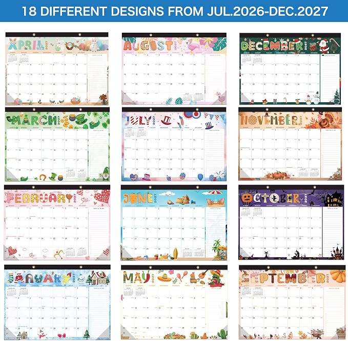 Desk Calendar 2026-2027- 18 Month Desk Calendar july 2026-2027 Dec,17" x 12", Large Monthly Desktop Calendar with Daily Blocks, Thick Paper, Corner Protectors (2 Stickers Included)