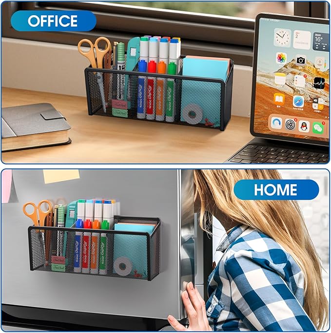 MaxGear Magnetic Pen Holder, Mesh Organizer Caddy, Pencil & Marker Storage for Desk, Extra Strong Magnets for Locker, Whiteboard, School & Office – 3 Baskets
