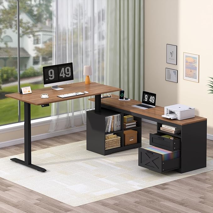 YOMILUVE Farmhouse L Shaped Standing Desk, 66 inch Corner Electric Standing Desk with Drawers ＆ Storage Shelves, Height Adjustable Computer Desk with Power Outlets for Home Office (Black and Brown) | Corner Electric Standing Desk with Drawers ＆ Storage...