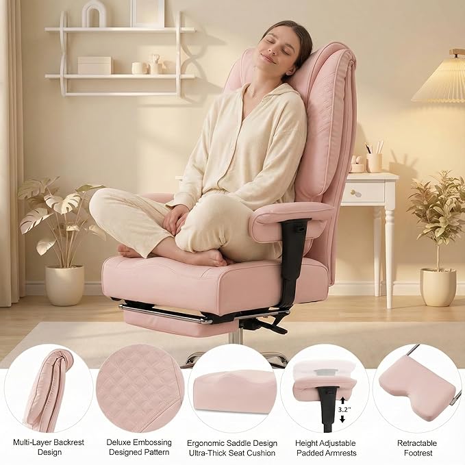 Big and Tall Office Chair 400lbs Wide Seat, Leather High Back Executive Office Chair with Foot Rest, Ergonomic Chairs Lumbar Support for Lower Back Pain Relief (Light Pink)