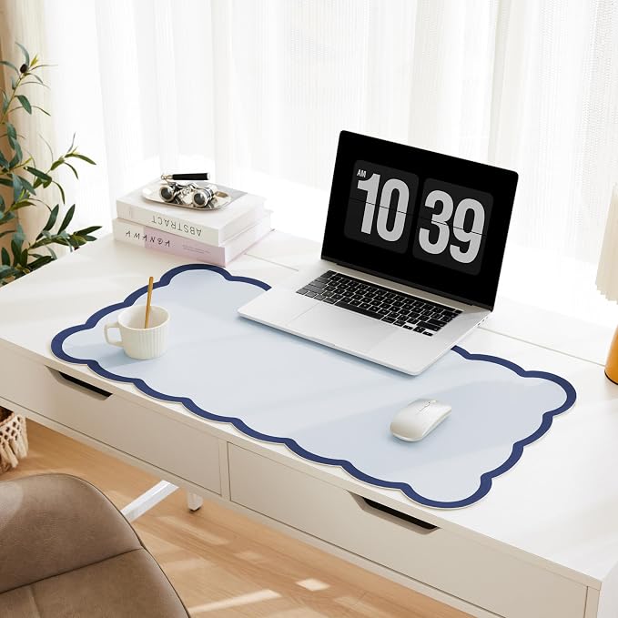 Scalloped Desk Mat, 31.5" x 15.7" Navy Blue Large Cute Aesthetic Desk Accessories, PU Leather Computer Laptop Desk Mouse Keyboard Pad, Desk Writing Mat for Vanity/Work/Home Decor Ocean