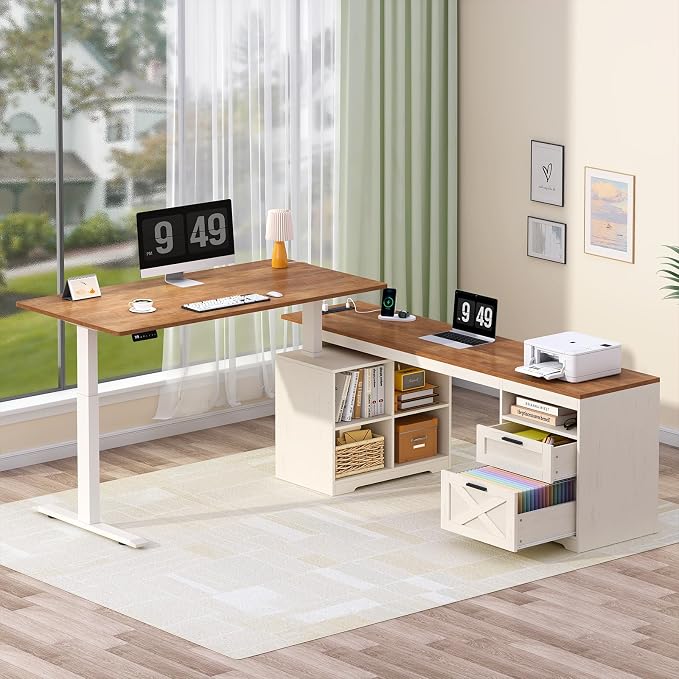 66 inch Farmhouse L Shaped Standing Desk with Storage for Home Office | Corner Electric Standing Desk with Drawers ＆ Storage Shelves, Height Adjustable Desk with Power Outlets, Antique White