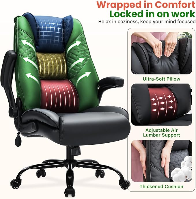 CIOMAN 500lbs Big and Tall Office Chair with Inflatable Lumbar Support, Rubber Wheels Executive Chair with Rocking Function, High Back Wide Cushion Ergonomic Desk Chair for All-Day Sitting,Black
