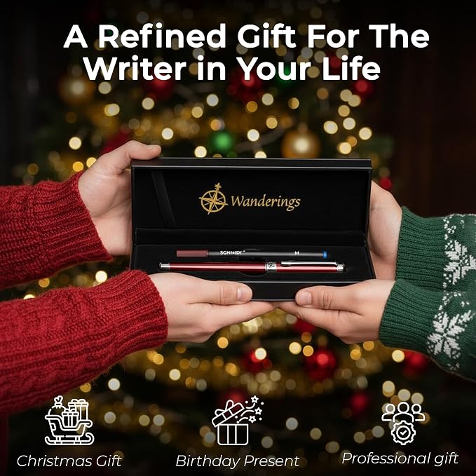 WANDERINGS Premium Ballpoint Pen with German Ink – Perfectly Balanced for a Superb Writing Experience, Chrome Accents – Winefire Red - Includes a Schmidt Refill in a Giftable Presentation Case