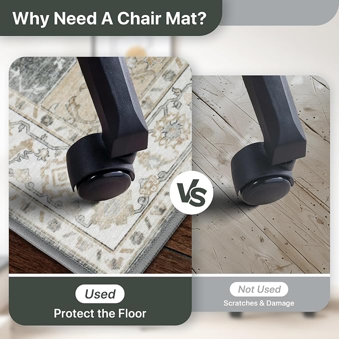 36"x60" Office Chair Mat for Hardwood Tile Floor, Under Desk Carpet Protector for Rolling Computer Chair Mat, Machine Washable Area Rug, Anti-Slip 1/5" Thick Low Pile Thin Vinyl Floor Mat, Grey