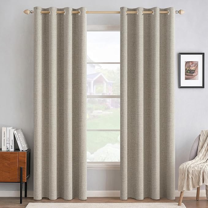 MIULEE 100% Blackout Linen Textured Curtains for Bedroom Solid Thermal Insulated Pebble Taupe Grommet Room Darkening Curtains & Drapes Luxury Decor for Living Room 52 x 84 Inch (2 Panels)