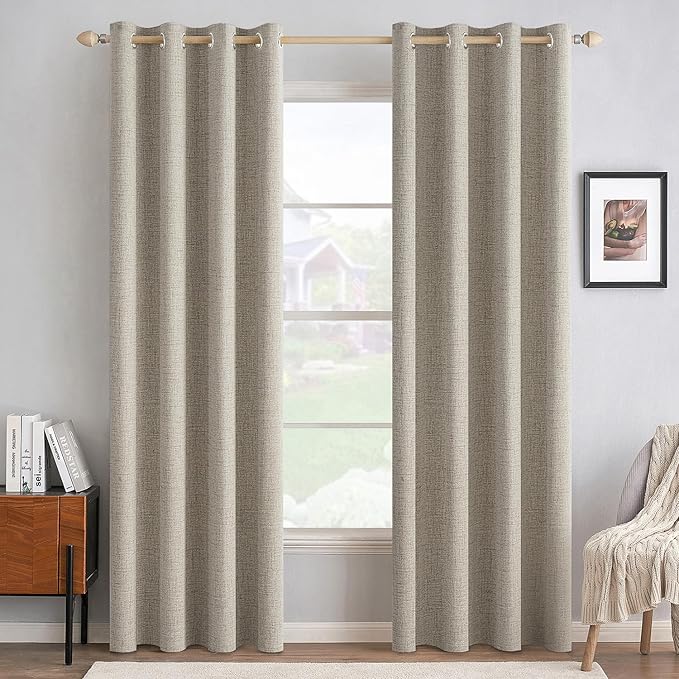 MIULEE 100% Blackout Linen Textured Curtains for Bedroom Solid Thermal Insulated Pebble Taupe Grommet Room Darkening Curtains & Drapes Luxury Decor for Living Room 52 x 96 Inch (2 Panels)