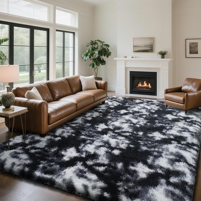 yongyangjuxin Fluffy Rug Shag Area Rug, Mottling Black 9x12 Area Rugs for Living Room, Large Shag Area Rugs for Bedroom Room Home Decor, Upgrade Anti-Skid Rectangular Fuzzy Rugs