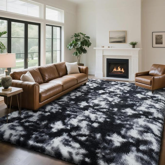 yongyangjuxin Fluffy Rug Shag Area Rug, Mottling Black 8x10 Area Rugs for Living Room, Large Shag Area Rugs for Bedroom Room Home Decor, Upgrade Anti-Skid Rectangular Fuzzy Rugs