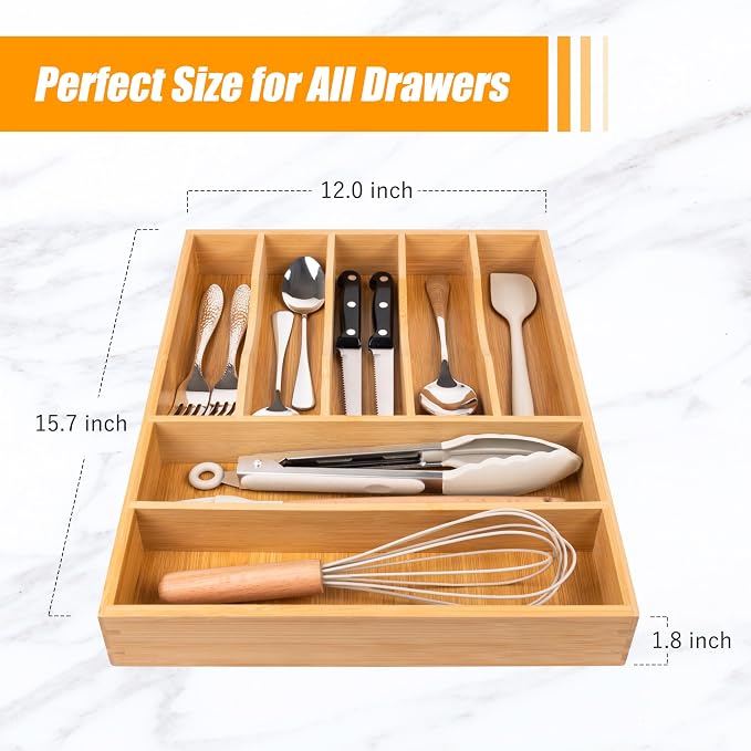 Bamboo Silverware Drawer Organizer, Kitchen Utensil Drawer Organizers, 12"x15.7" Utensils Holder Cutlery Tray with Grooved Drawer Dividers for Kitchen Flatware Bedroom Office(7 Slot, Natural)