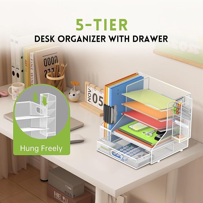 5-Tier Desk Organizer with File Holder & Pen Holder & Sliding Drawer, White | Mesh Metal Paper Letter Tray for Papers, Mail, Office Supplies, and Desk Accessories