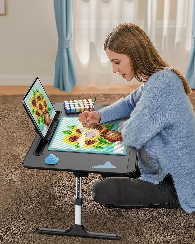 Laptop Table with LED Desk Light, SAIJI Laptop Stand for Bed, Height Adjustments Bed Desk with Book Stand for Reading Writing Drawing (Black)