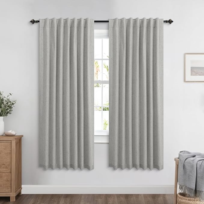 KOUFALL Light Grey Back Tab Linen Blackout Curtains 72 Inch Length for Living Room 2 Panels Set