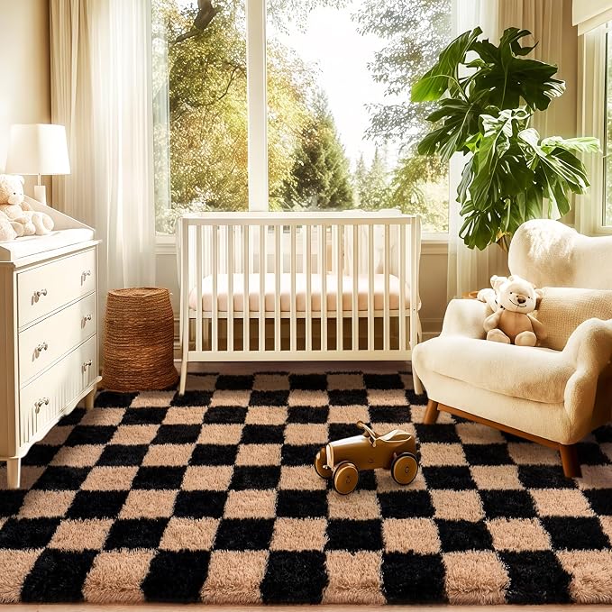 Checkered Rug for Bedroom 5x7, Ultra Fluffy Fuzzy Shag Area Rugs for Living Room, Anti-Skid Indoor High Pile Soft Rug Carpet for Living Room Bedroom Kids Room Nursery, Dorm Home Decor, Black & Beige