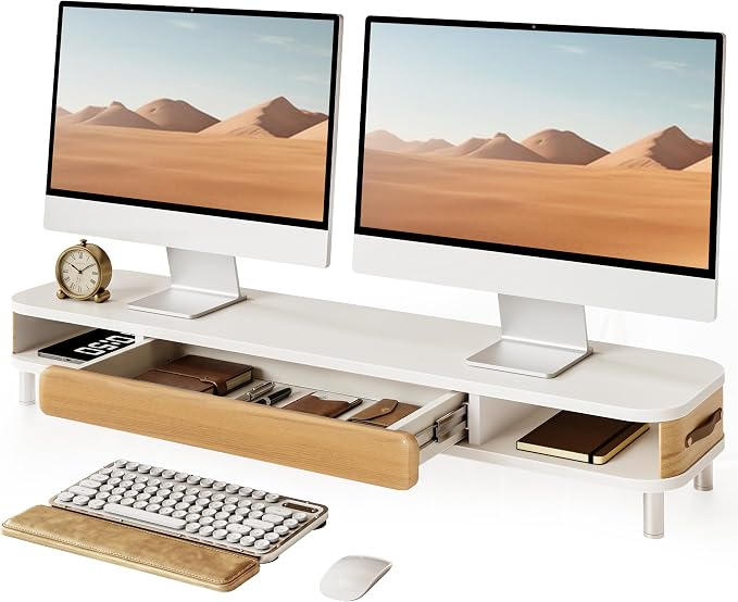 Fenge Dual Monitor Stand with Large Storage Drawer, 42.5" Dsek Shelf, White | Slide-Out Drawer, Ergonomic Monitor Riser, Aluminum leg, 2-Tier Desk Organizer for Laptop, TV, PC