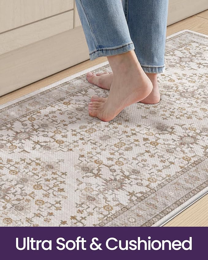 DEXI Kitchen Floor Mats Cushioned Anti Fatigue, 23x86 Long Wide Standing Comfort Runner Rug, Waterproof Rubber Memory Foam Padded for Front Sink Laundry, Beige and White